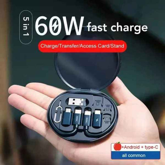 5-in-1 Fast Charging Data Cable Set | 60W Multi-Port USB Charging Kit for All Devices | Universal Charger Cable Set with Type-C, Micro & Lightning (Random Colors)