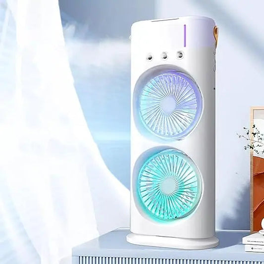 Portable Dual-Fan Air Cooler with Water Mist & LED Light | USB Rechargeable Mini Table Fan for Home, Office & Outdoor Use
