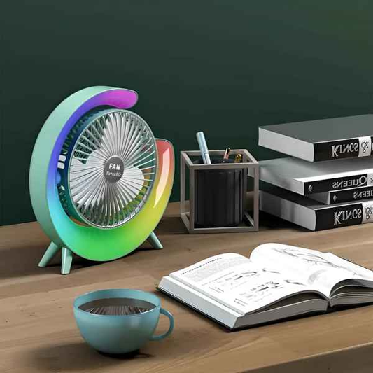 Portable Mini G Light Rechargeable Desk Fan – USB Charging Table Fan with LED Colorful Light, 3-Speed Settings & 4-Hour Battery Backup (Random Color)
